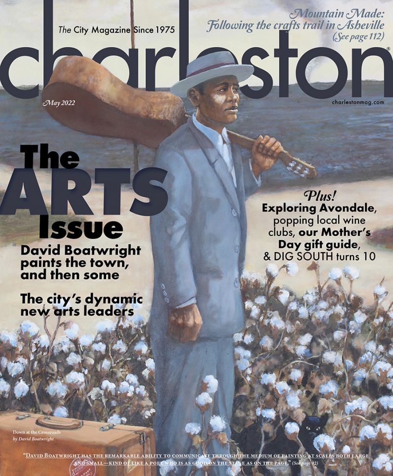Illustration of a black man holding a guitar over his shoulder on the cover of the May 2022 Charleston Magazine